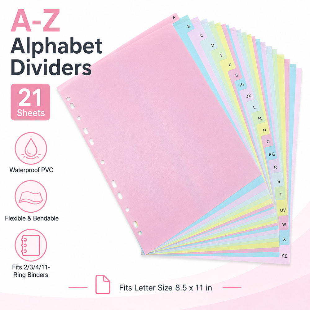 Index Tab Divider - 21-seitige A-Z-Alphabet-Ordner-Trennblätter, wasserdichte PVC-Index-Tabs, passend für
