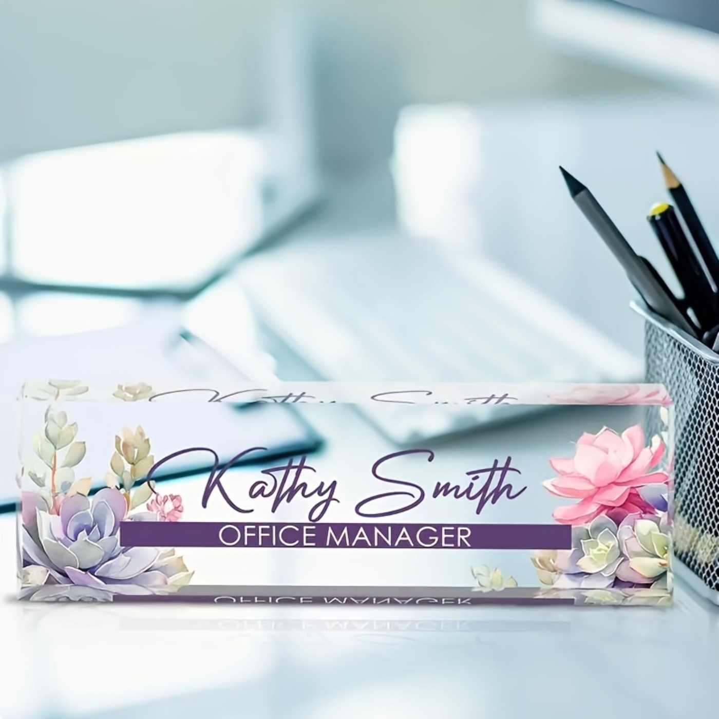 Desk Name Plate - Individuelles 2D-Acryl-Schreibtisch-Namensschild, Sukkulenten-Pflanzendesign, Wohndekoration, Ideales Geschenk